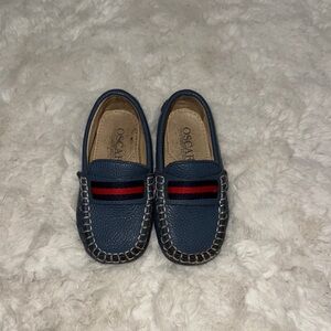 Kids Navy Moccasins with Red Stripe